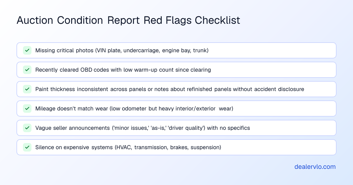 Auction condition report red flags dealers should check before bidding