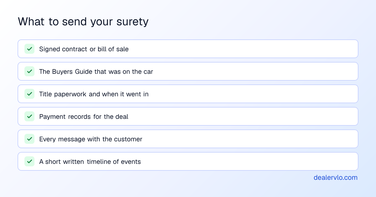 What a dealer should send the surety company after a bond claim: the signed contract or bill of sale, the Buyers Guide that was on the car, the title paperwork and when it went in, payment records, every message with the customer, and a short written timeline of what happened.