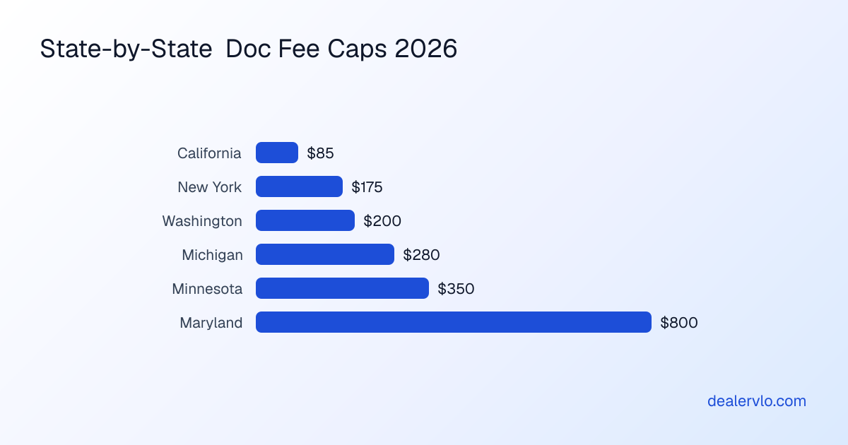 Comparison chart of dealer doc fee by state caps across major states, showing California at $85 up to Maryland at $800.