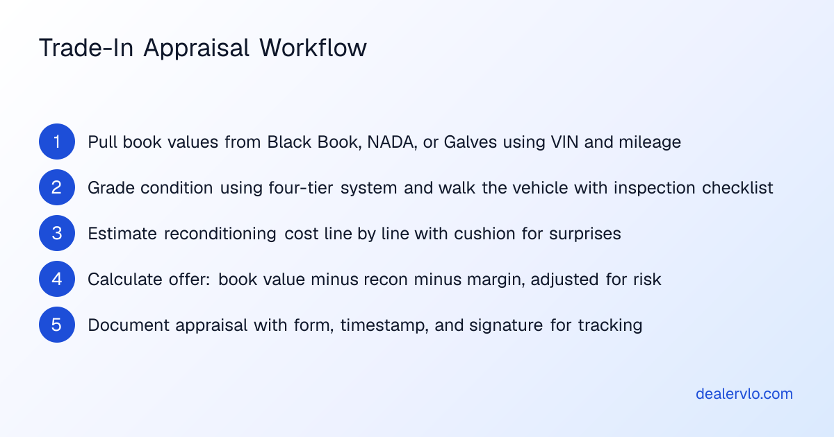 Step-by-step trade-in appraisal workflow used by independent car dealers to calculate offers