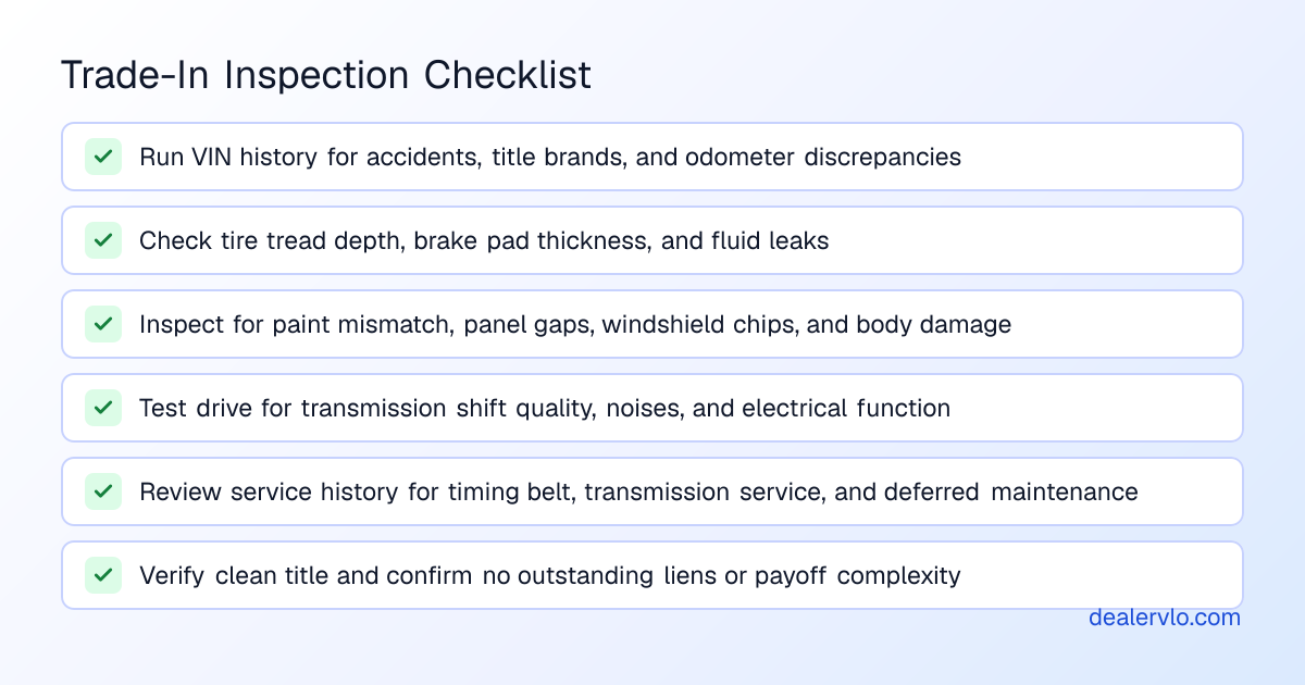 Checklist of items to inspect and document during a dealer trade-in appraisal
