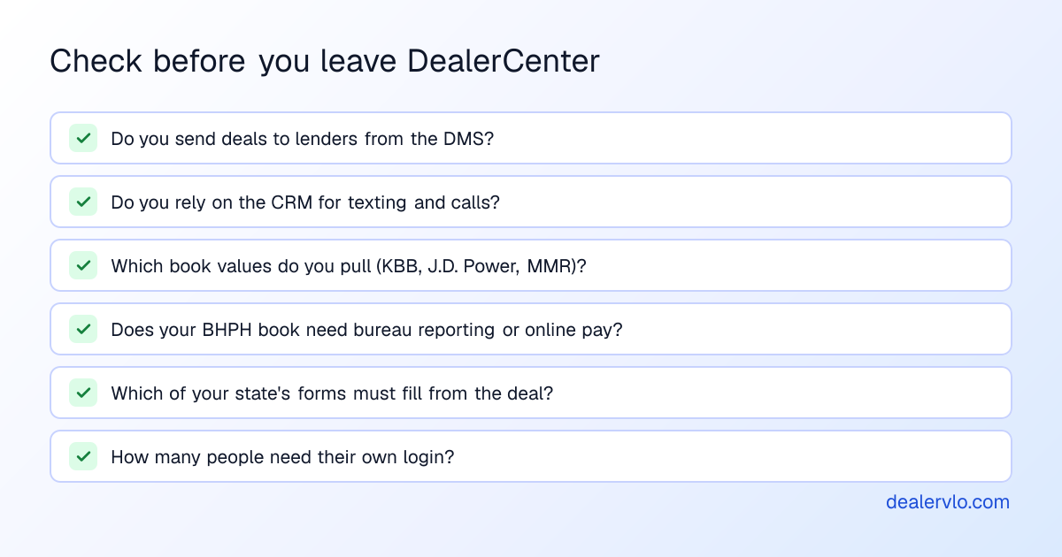 Six things to check before leaving DealerCenter: whether you send deals to lenders from the DMS, whether you rely on its texting CRM, which book-value services you use, whether your BHPH book needs bureau reporting or online payments, which of your state's forms you need filled, and how many people need logins.