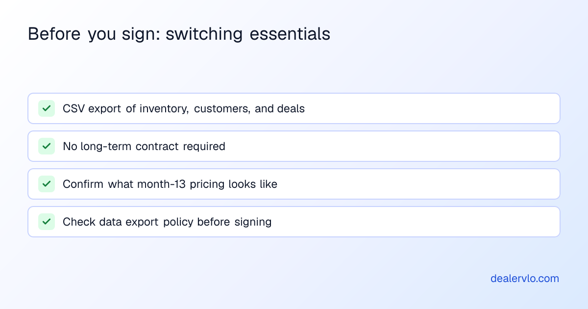 A checklist of essential items to confirm before signing with any DMS provider to ensure flexibility and data portability for your dealership.