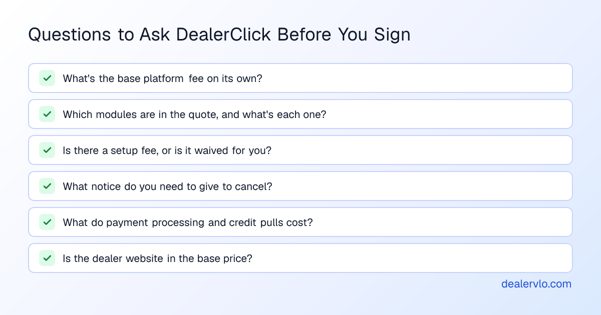 Questions to ask DealerClick before signing: the base platform fee, which modules you're paying for and what each costs, whether a setup fee applies to you, the notice period to cancel, the payment-processing and credit-pull fees, and whether the website is in the base price.