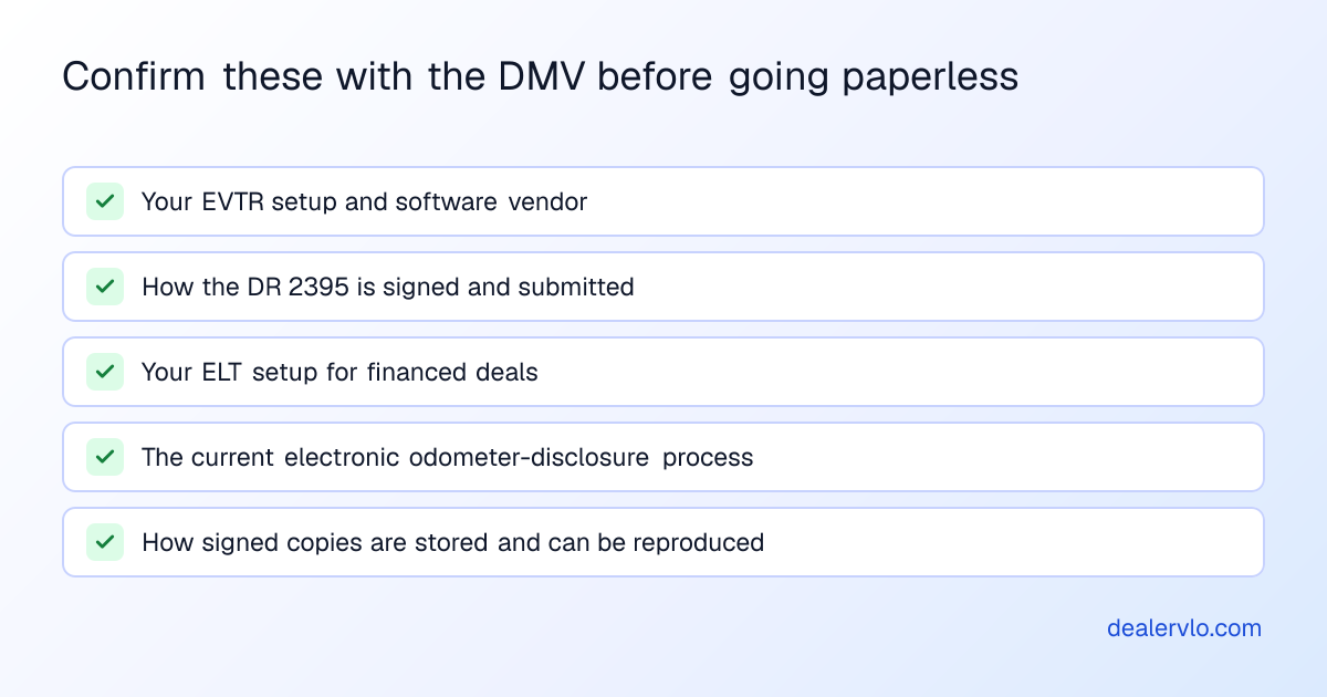 Confirm these with the DMV before going paperless