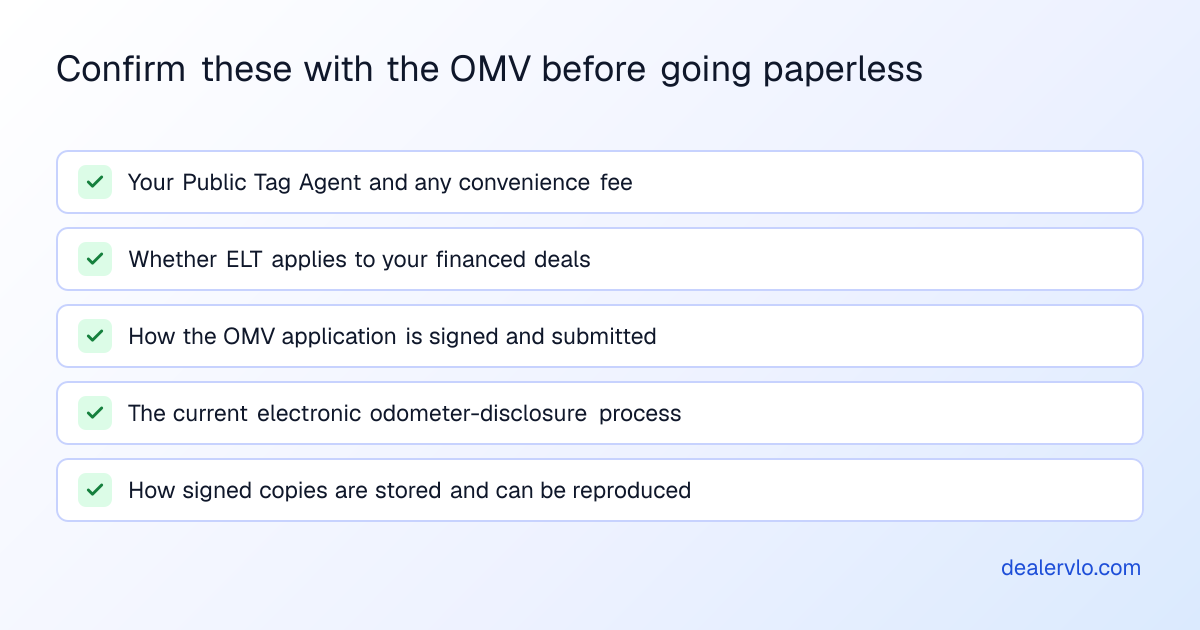 Confirm these with the OMV before going paperless