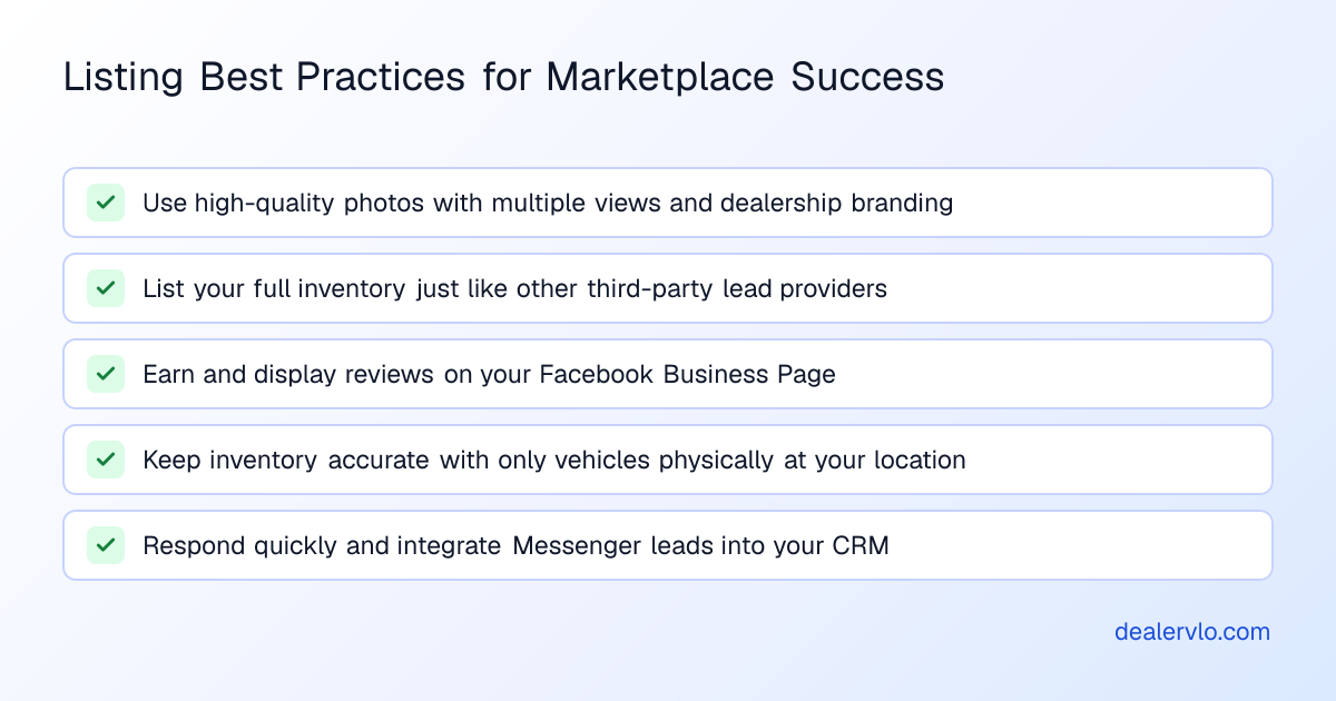 Essential best practices for car dealers to sell cars on Facebook Marketplace effectively, including photo quality, inventory accuracy, and response time.
