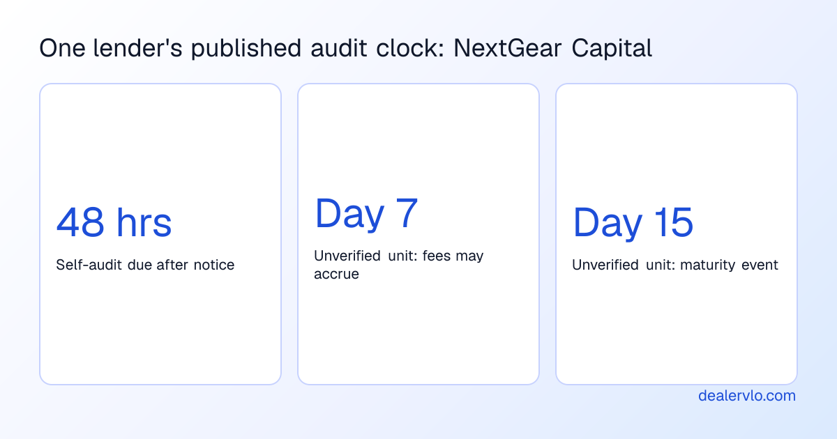 NextGear Capital's published audit timelines as listed on its audits page in October 2026: self-audits are due within 48 hours of notice, additional fees may accrue on a unit not verified by day 7, and a maturity event is declared on a unit not verified before day 15.