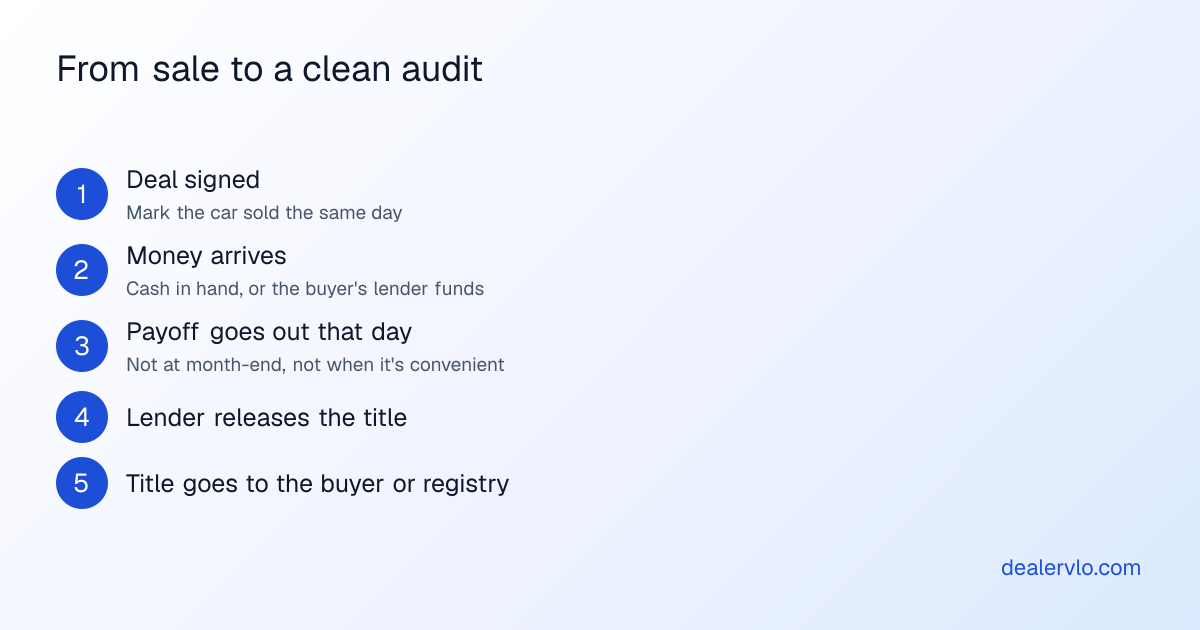 The payoff sequence that keeps a sold car from going out of trust: the deal is signed, the buyer's money or lender funding arrives, the floor plan payoff goes out that day, the lender releases the title, and the title goes to the buyer or the registry.