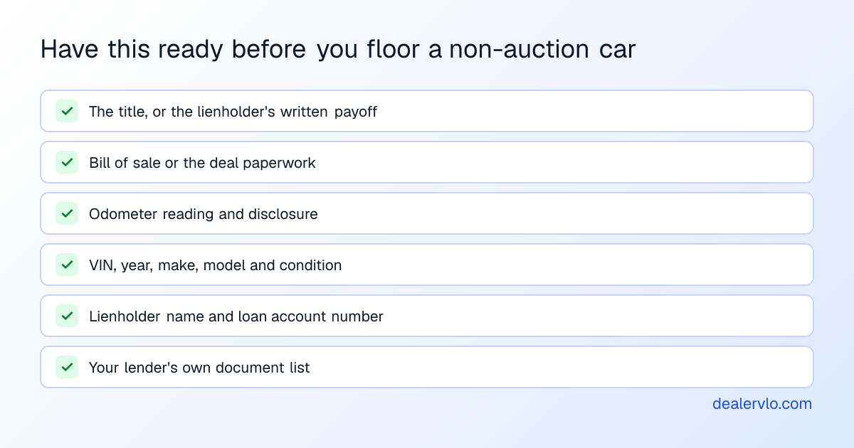 A checklist of paperwork to have ready before flooring a trade-in or private-party car: the title or the lienholder's written payoff, the bill of sale or deal paperwork, the odometer reading and disclosure, the VIN and a clean description of the car, the lienholder name and account number, and your floor plan lender's own document list.