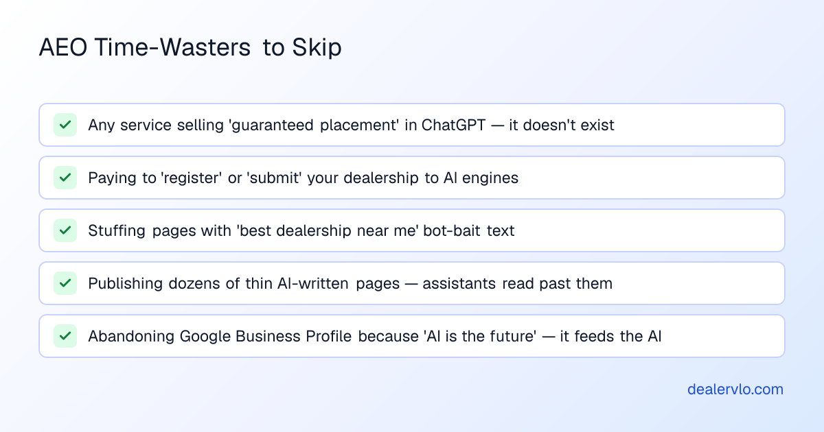 Checklist of things not worth money or time for AI search visibility: paid AI placement services, guaranteed-citation offers, keyword stuffing for bots, duplicate AI-written pages, and abandoning Google fundamentals