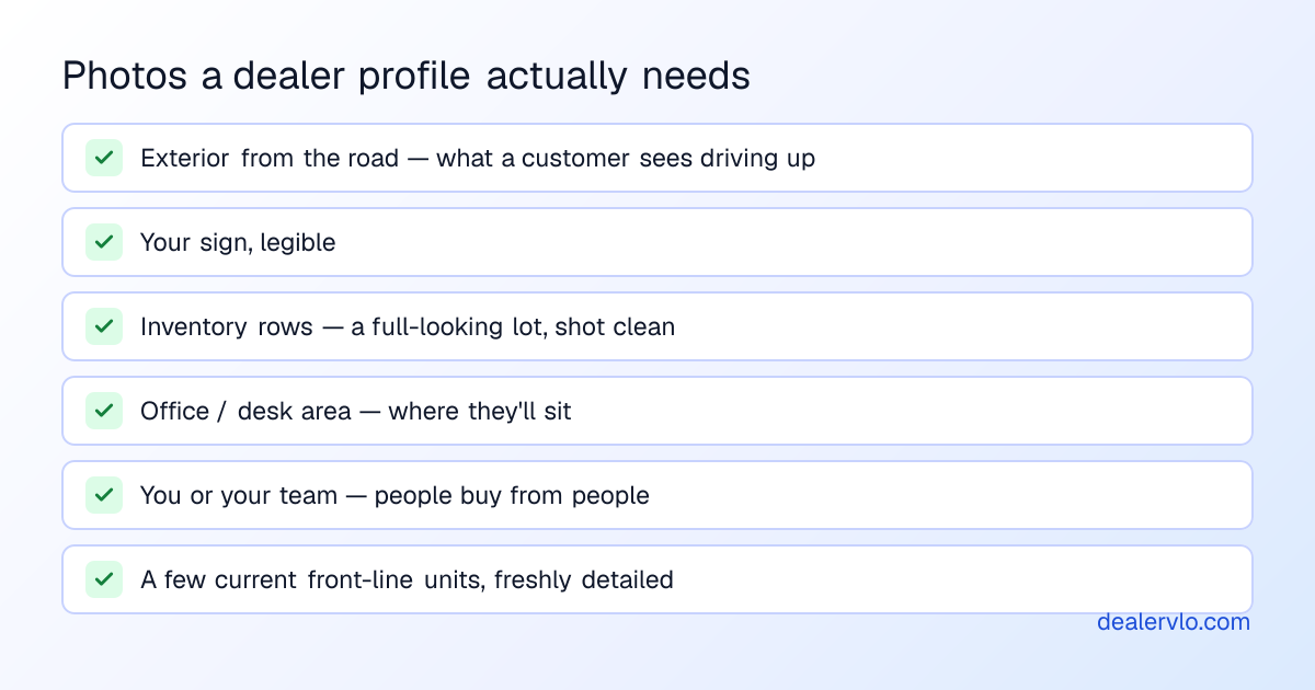 Checklist of the photos a used-car dealership should upload to Google Business Profile: street-view exterior, lot sign, inventory rows, office interior, team, and current front-line units.