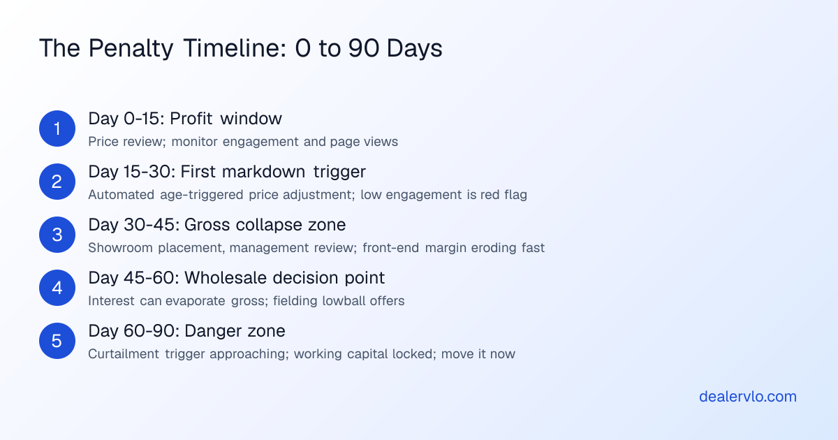 Timeline showing profit erosion from day 0 to day 90 with markdown triggers and lender curtailment deadlines for aged inventory