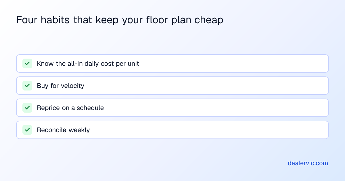 Essential dealer floor plan management practices to minimize interest costs and maintain credit lines, including velocity buying and scheduled repricing.