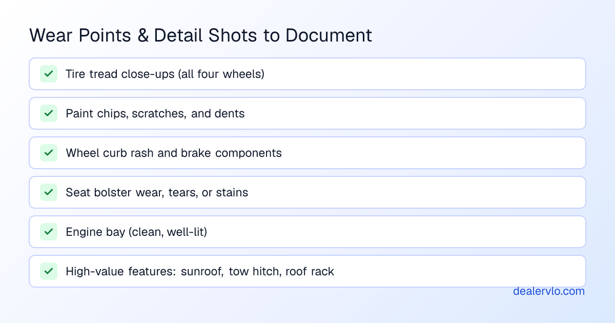 Used car listing detail shot checklist showing tire condition, wear points, cargo space, and tech features buyers expect to see