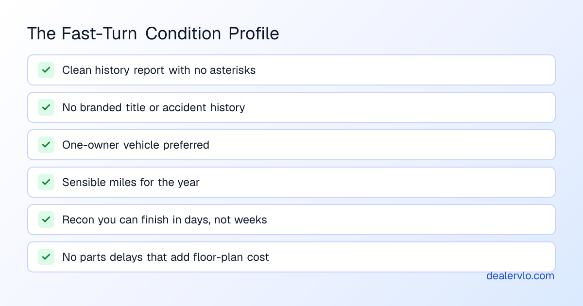 A checklist of vehicle condition factors that help dealers buy cars that sell fast and turn inventory quickly.