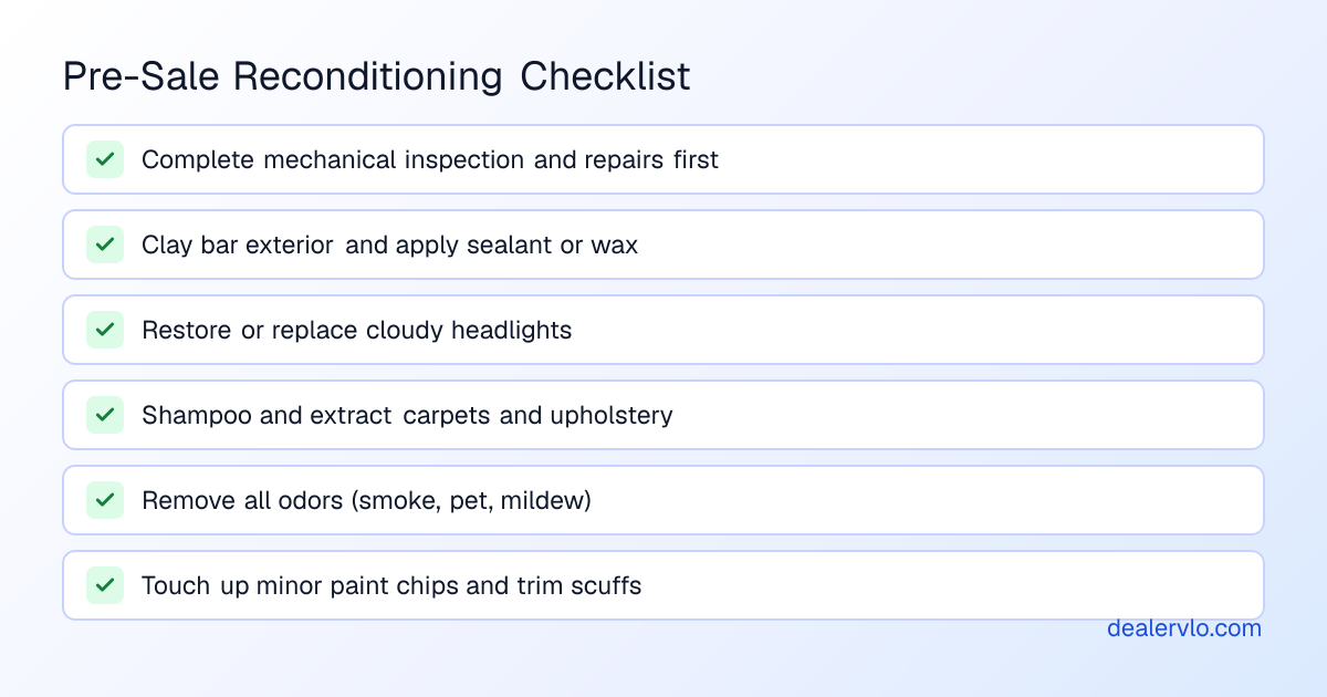 Checklist of reconditioning tasks dealers should complete before listing used inventory for sale to maximize resale value