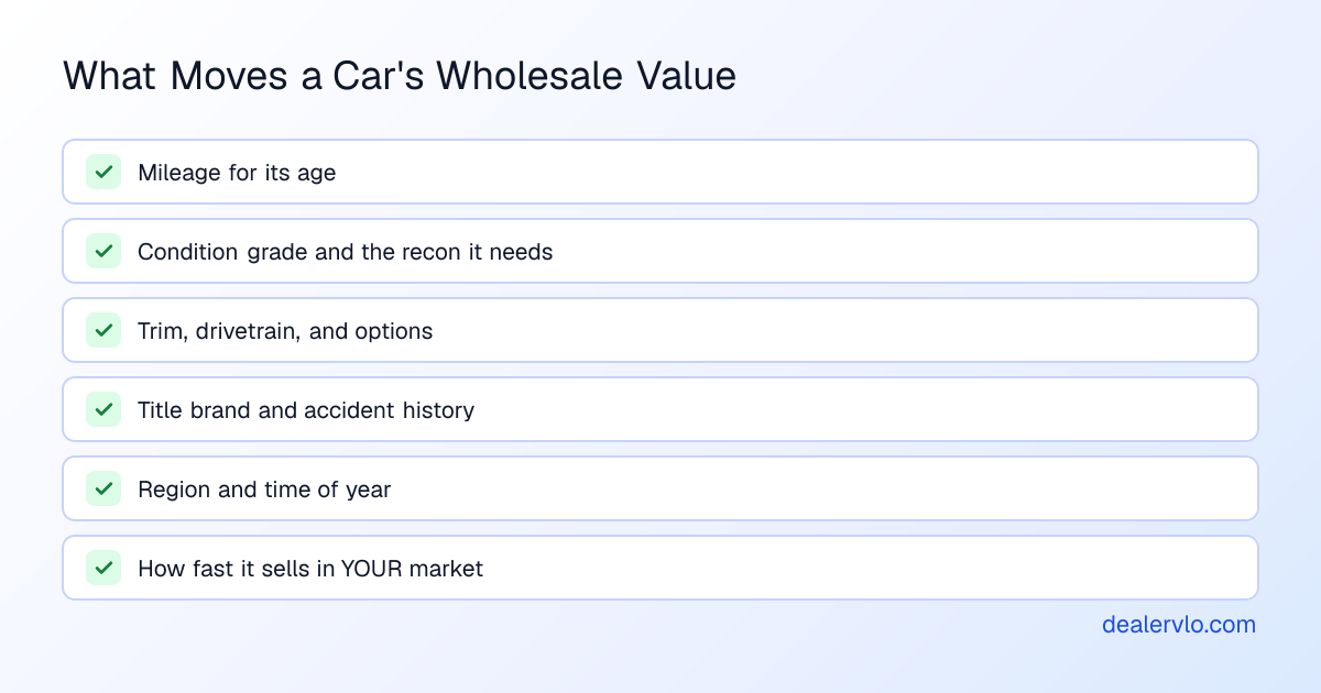Factors that move a used car's wholesale value: mileage for its age, condition grade and recon needed, trim and options, title and accident history, region and season, and how fast that model sells in your market