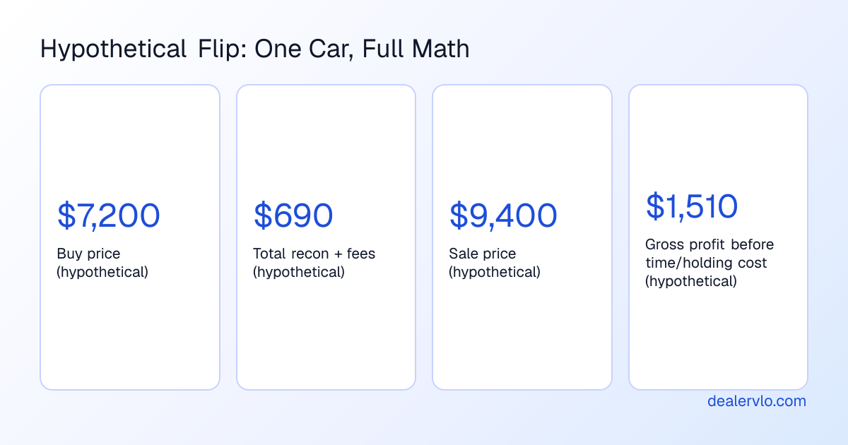 Four figures from the hypothetical car flip example: buy price, total recon and fees, sale price, and gross profit.