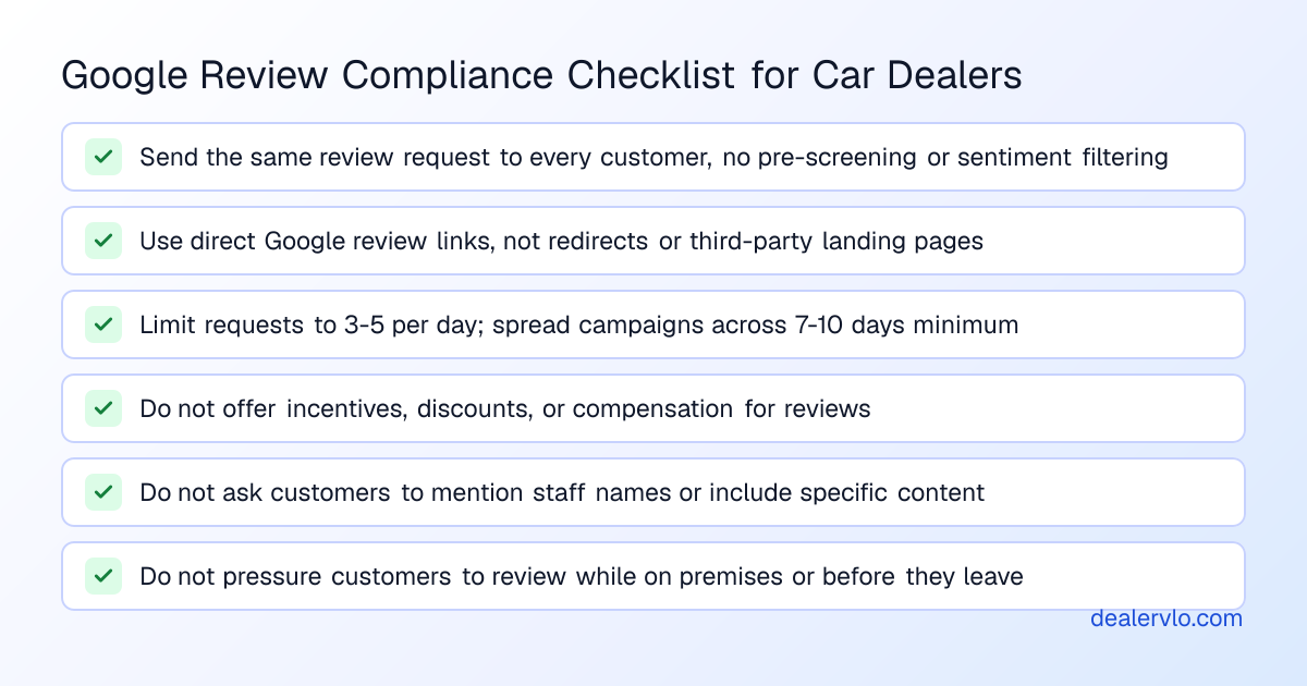 How independent car dealers can get Google reviews while staying compliant with Google's review policies and FTC rules
