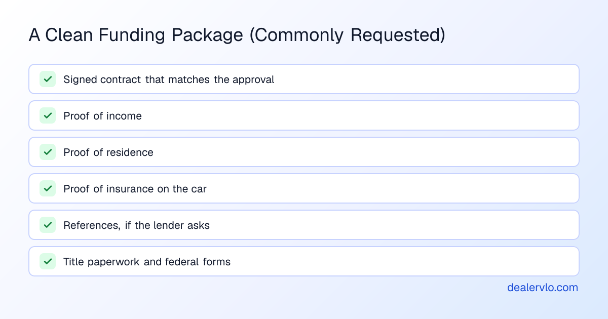 Checklist of what a clean indirect-lending funding package commonly includes: a signed contract whose numbers match the approval, proof of income, proof of residence, proof of insurance on the car, references if the lender asks, and the title paperwork and federal forms