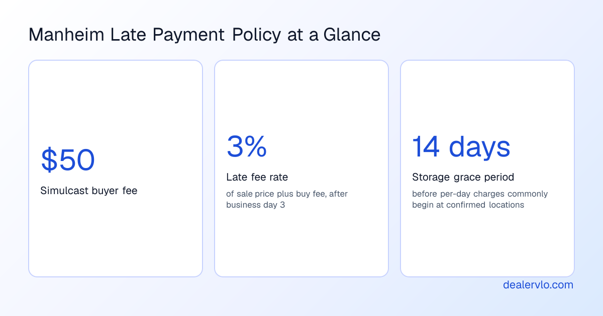 Three stat callouts showing the confirmed Simulcast fee, the late payment penalty range, and the storage grace period before daily charges begin.