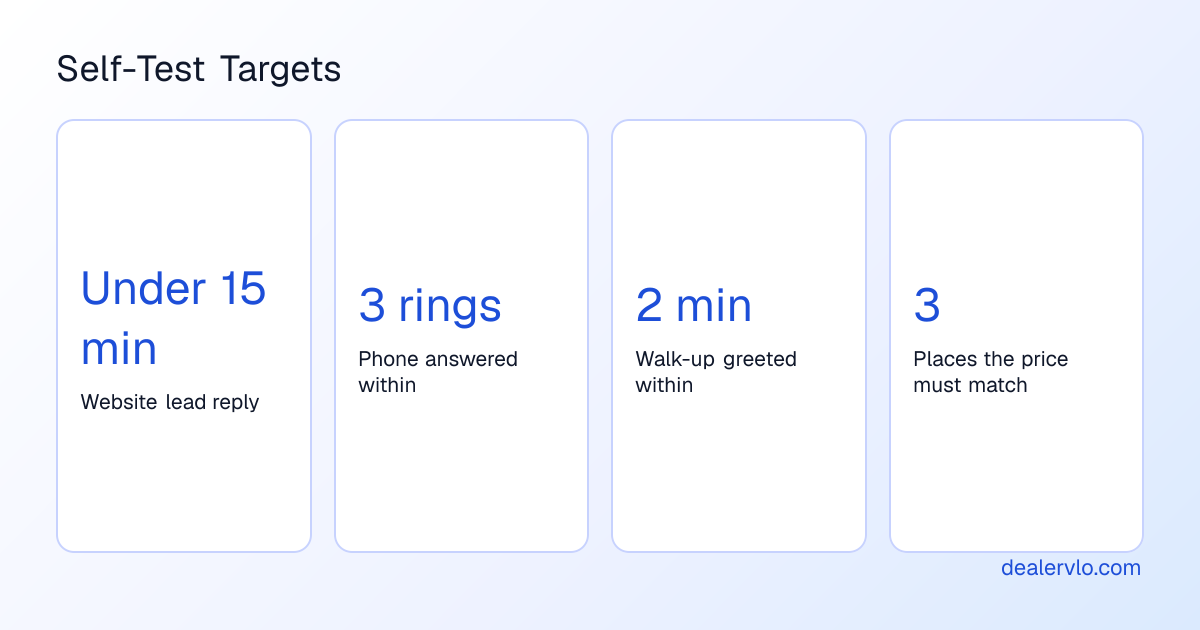 Self-mystery-shop targets for a used-car lot: website lead reply under 15 minutes, phone answered within 3 rings, walk-up greeted within 2 minutes, one price in all 3 places