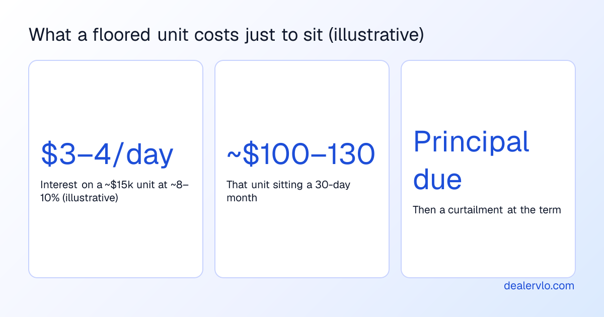 An illustrative example of what a floored used-car unit costs just to sit: interest on a roughly fifteen thousand dollar unit at about eight to ten percent runs three to four dollars a day, that unit sitting a thirty-day month is roughly one hundred to one hundred thirty dollars, and then a curtailment principal paydown comes due at the term.