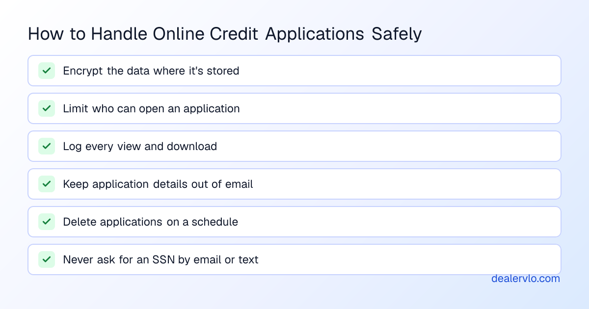 Checklist for handling online credit applications safely at a used car dealership: encrypt the data where it is stored, limit who can open applications, log every view, keep application details out of email, delete applications on a schedule, and never ask for an SSN by email or text