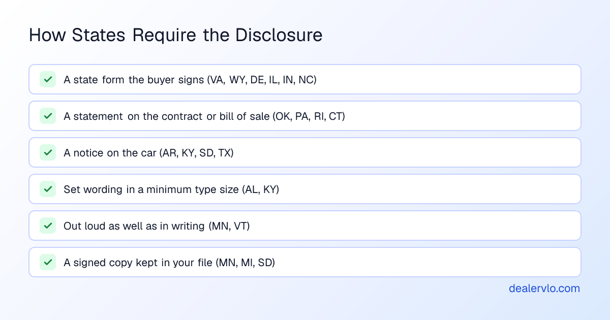 The ways states require a branded-title disclosure from dealers: a state-issued form the buyer signs, a statement on the sales contract or bill of sale, a notice posted on the car's window, statutory wording in a minimum type size, oral disclosure in addition to written, and a signed copy kept in the dealer's file