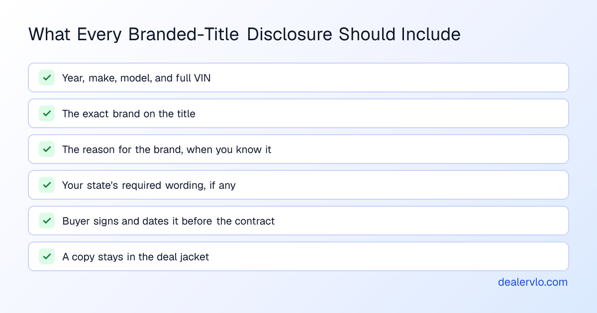 What every written branded-title disclosure should include: year, make, model and full VIN; the exact brand on the title; the reason for the brand when you know it; the state's required wording, if any; the buyer's signature and date before the contract; and a copy in the deal jacket