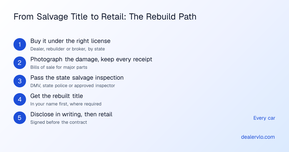 Five steps from a salvage title to a retail sale: buy it under the right license, photograph the damage and keep every parts receipt, pass the state salvage inspection, get the rebuilt title in your name where the state requires it, then disclose the brand in writing and retail it