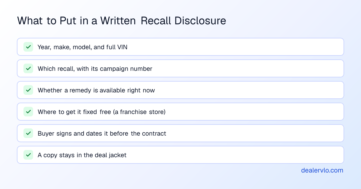 Checklist for a written open recall disclosure on a used car: year, make, model and VIN; which recall and its campaign number; whether a remedy is available now; where the buyer can get it fixed for free; the buyer's signature and date before the contract; and a copy kept in the deal jacket
