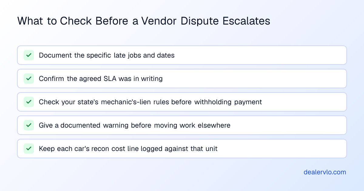 Checklist of steps to take before a recon vendor scorecard dispute turns into a payment or lien standoff.