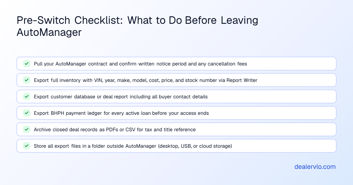 A checklist showing critical steps when switching from AutoManager to DealerVLO, including contract review and data export.