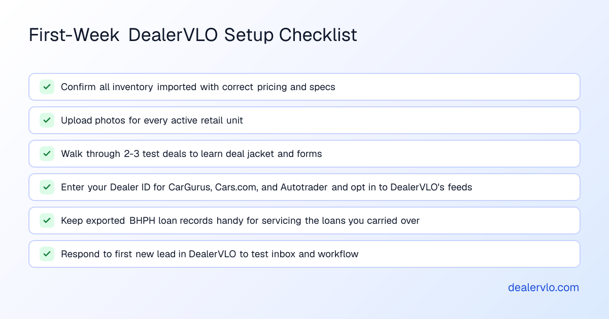 Checklist of tasks for switching from AutoRaptor to DealerVLO and getting live in the first week