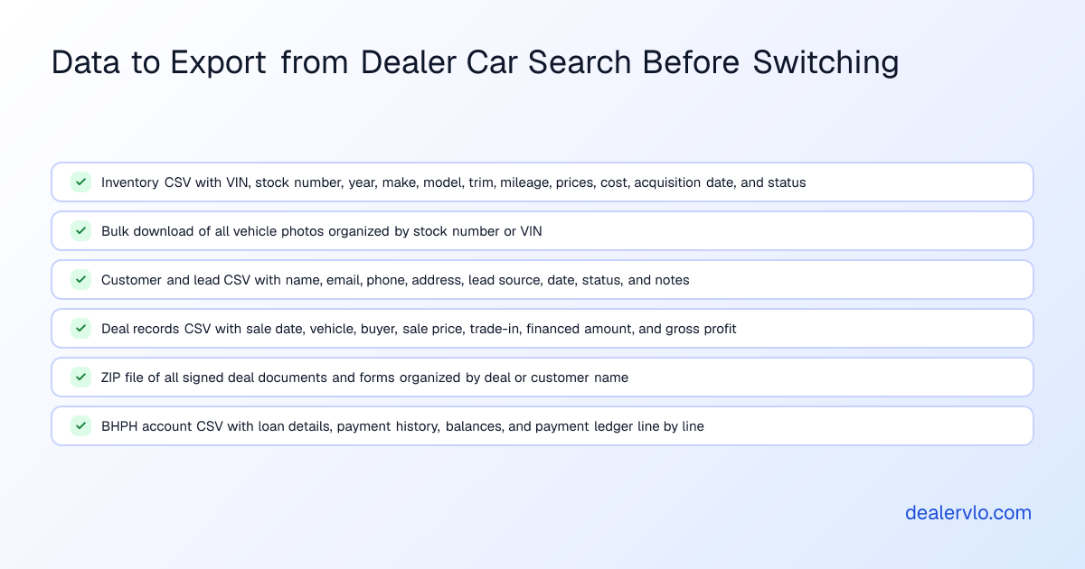 Checklist of data exports to request from Dealer Car Search before switching dealer management systems