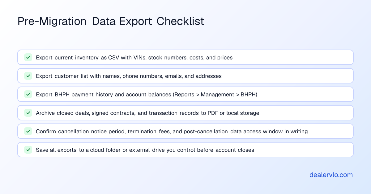 Key data migration checklist showing what exports to request, what imports cleanly, and what to archive before switching dealer management systems