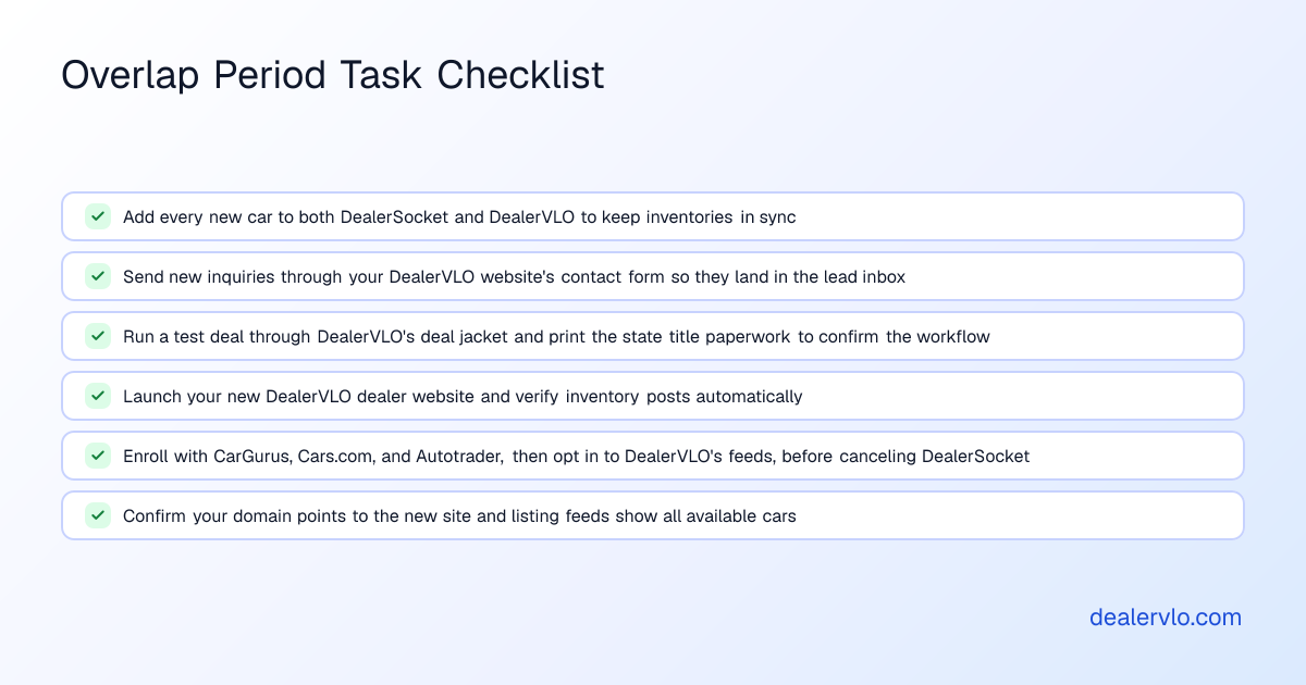 A checklist of tasks to complete during the overlap period when running two dealer systems simultaneously