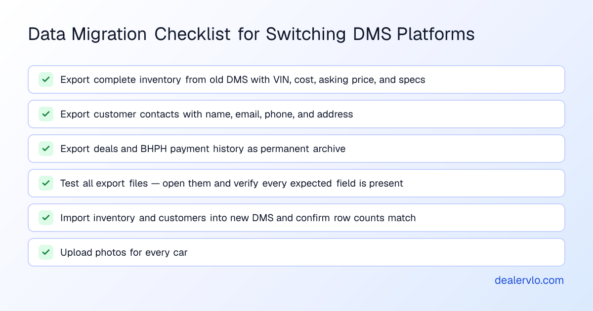 A practical data migration checklist for dealers switching dealer management systems