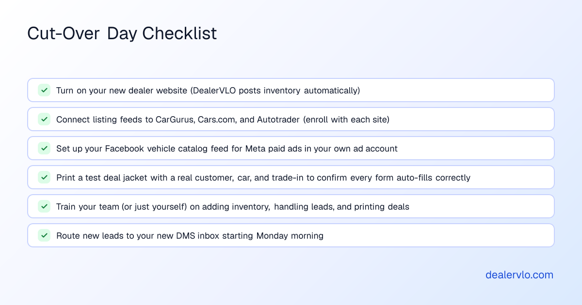 Cut-over checklist for dealers migrating from Frazer to a browser-based DMS like DealerVLO
