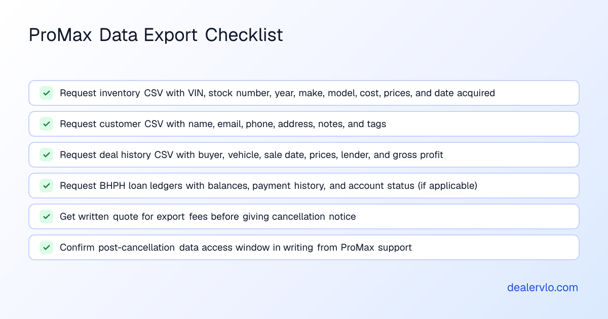 ProMax data export checklist for independent used-car dealers switching systems