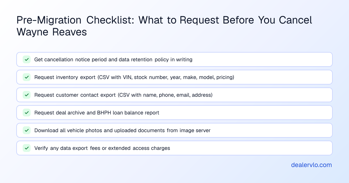 A checklist showing the steps to prepare before switching from Wayne Reaves DMS software