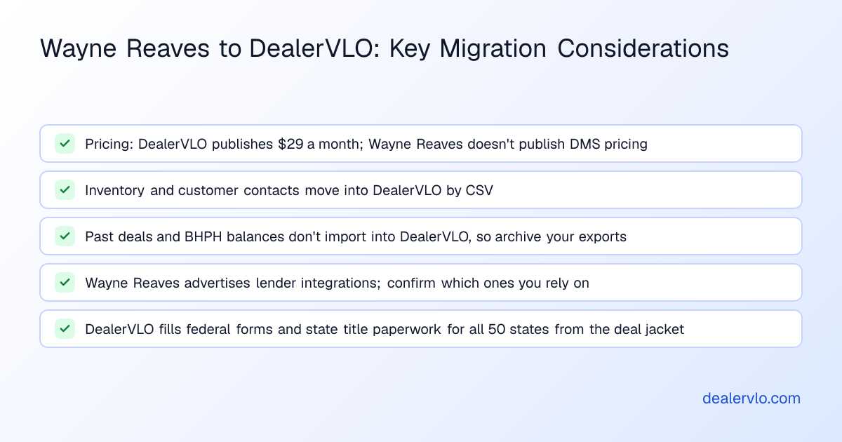 A checklist of the key considerations for independent used-car dealers moving from Wayne Reaves to DealerVLO