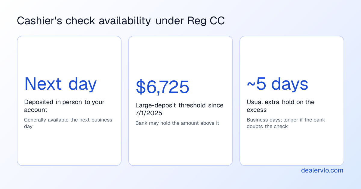 Regulation CC funds availability for a cashier's check, since July 1, 2025: deposited in person into the payee's account, it is generally available the next business day; when a day's check deposits exceed $6,725 the bank may hold the amount above $6,725 longer, usually about five more business days. Available does not mean the check is good.