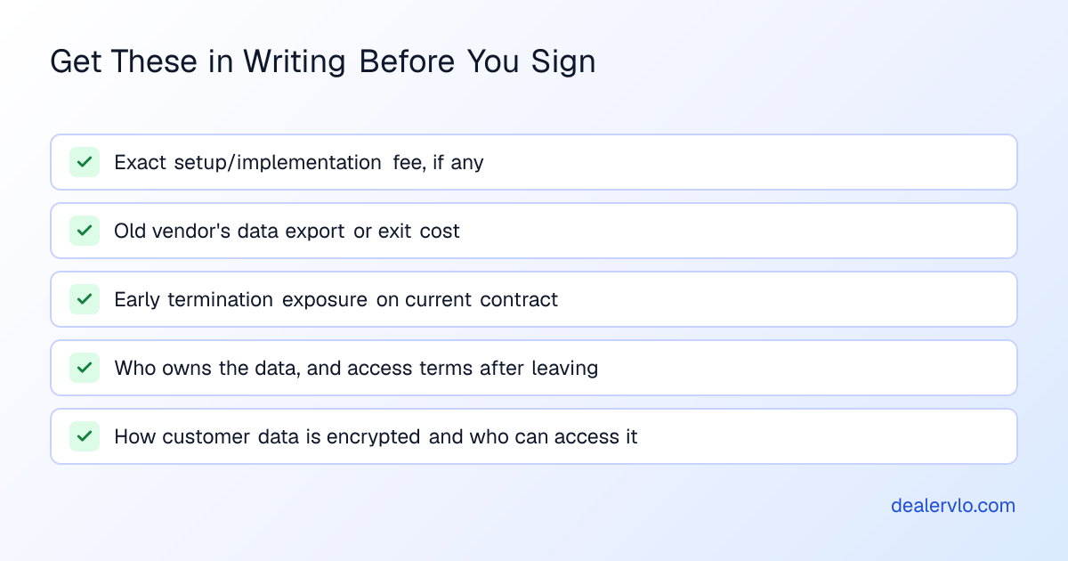 Checklist of the questions to get answered in writing before signing a new DMS contract, as part of the total cost of switching dealer software.
