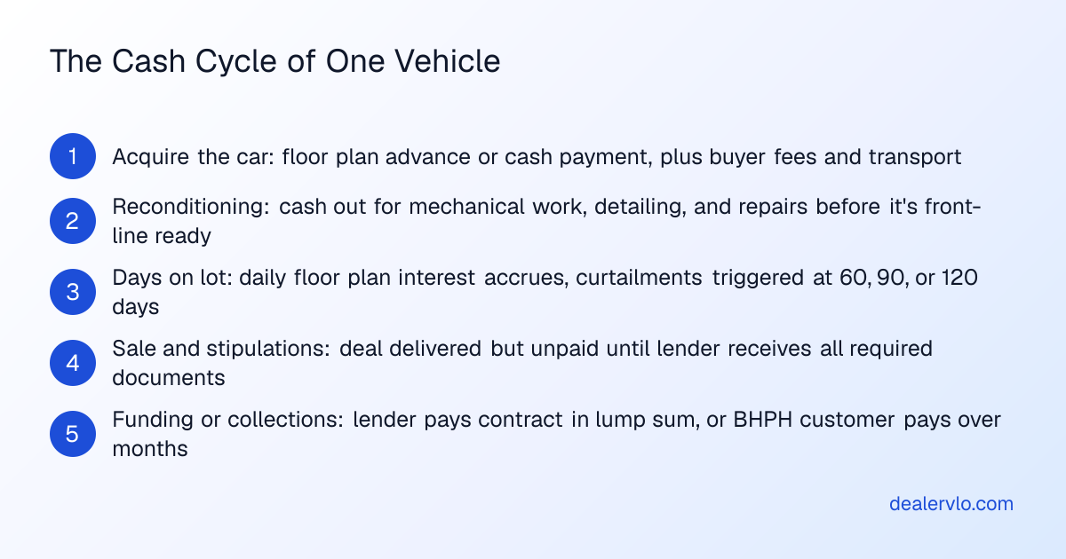 A visual breakdown of the cash cycle stages for one vehicle at a used car dealership