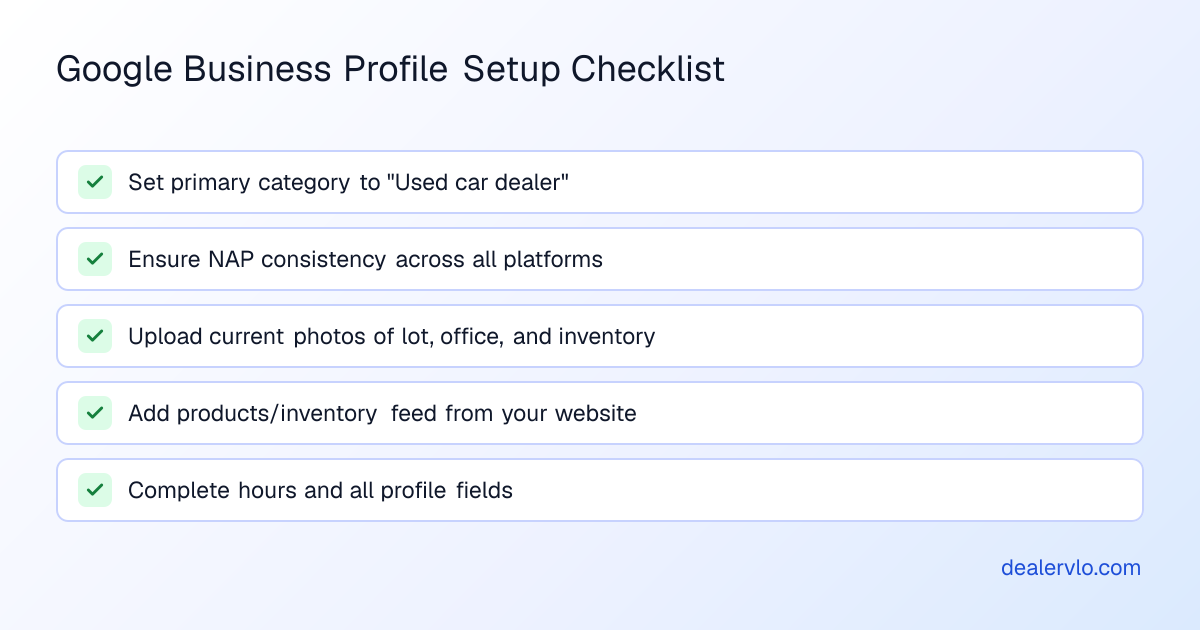 Essential elements to optimize your Google Business Profile for winning local 'near me' searches in used car dealerships.