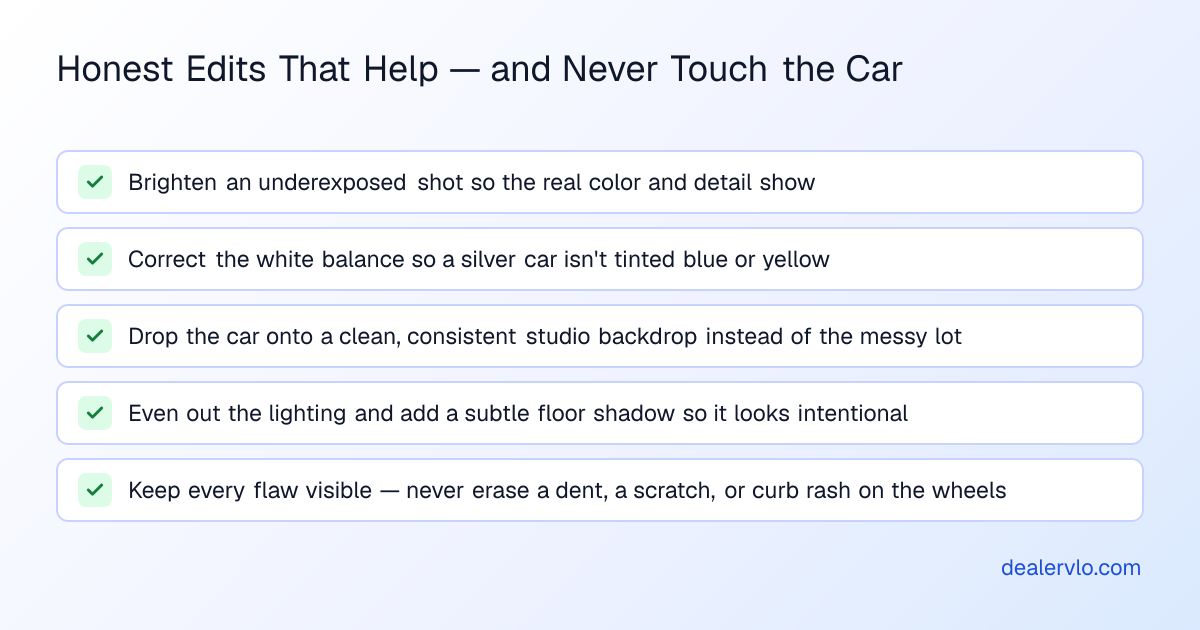 Photo edits that improve presentation without misrepresenting a used vehicle