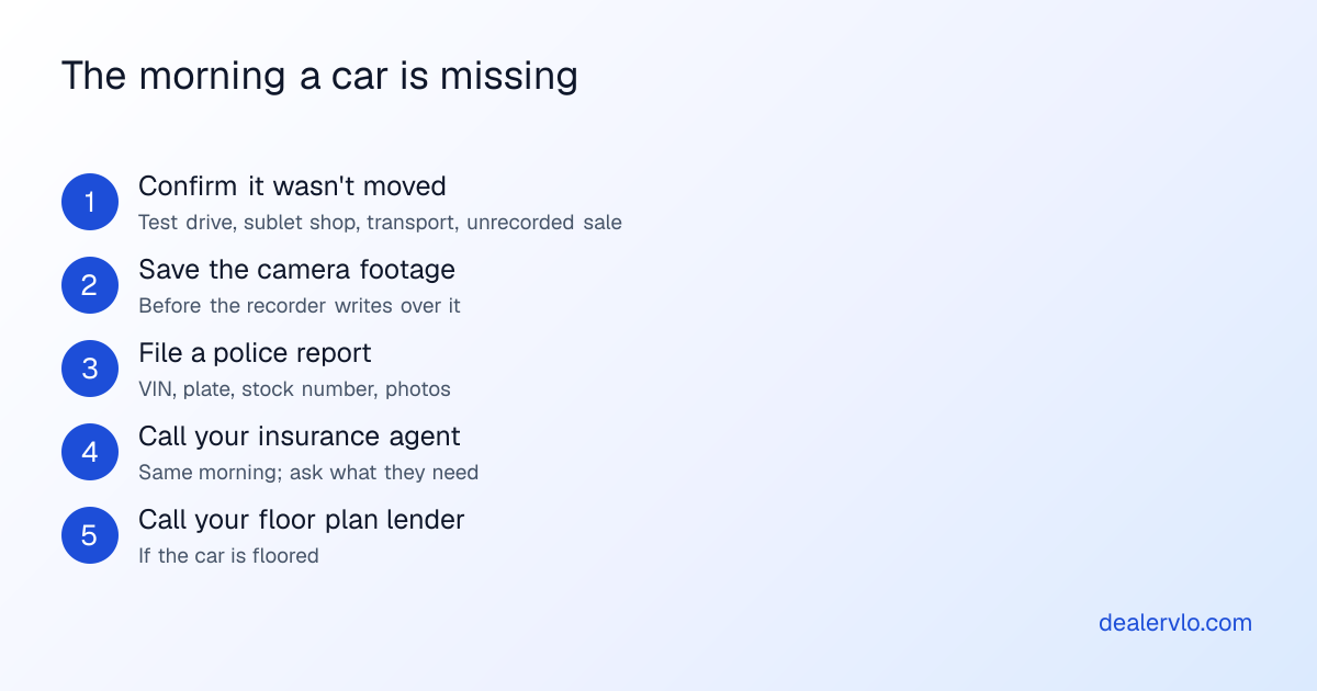 Five steps the morning a car is missing from a small lot: confirm it wasn't moved, save the camera footage, file a police report with the VIN and photos, call your insurance agent, and call your floor plan lender if the car is floored.